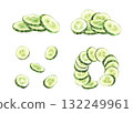 Watercolor sliced cucumber slices. Fresh vegetable cut cucumber circles with seeds. Realistic hand drawn healthy food illustration set for salad menu, eco cosmetic label. Isolated from background 132249961