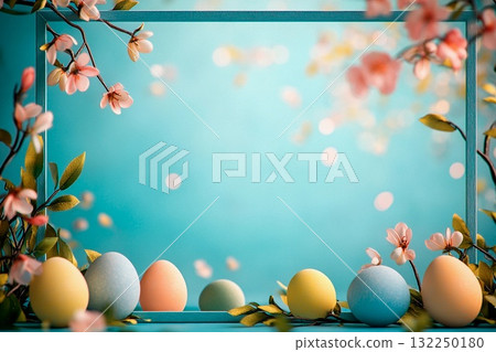 Colorful easter crowns with flowers and eggs in a sunny spring garden 132250180