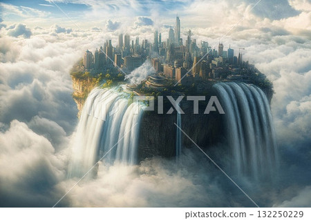 City of clouds with majestic waterfalls cascading into the abyss under a serene sky at twilight 132250229