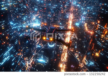 Drone equipped with lighting effects soaring above a vibrant night cityscape with stunning skyline views and glowing buildings 132250242