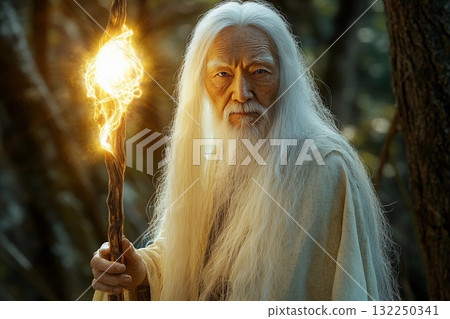Old magician with long white hair holding a glowing staff in a mystical landscape during twilight hours Old magician with long white hair holding a glowing staff in a mystical landscape during twilight hours 132250341