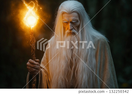 Old magician with long white hair holding a glowing staff in a mystical landscape during twilight hours Old magician with long white hair holding a glowing staff in a mystical landscape during twilight hours 132250342