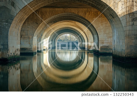 Vaulted bridge structure creates stunning mirror reflection beneath in calm water during early morning light 132250343