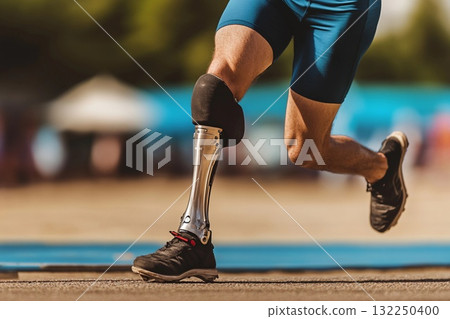 Close-up of person with prosthetic leg walking on court during sunset, highlighting resilience and strength in athletic pursuit 132250400