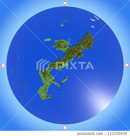 A planet-style map of Okinawa Prefecture that beautifully recreates elevation, forests, and residential areas. A planet-style map of Okinawa Prefecture that beautifully recreates elevation, forests, and residential areas. 132250439