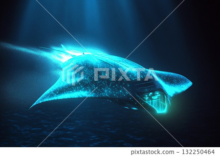 Glowing stingray-shaped submarine purifying the ocean floor while exploring deep marine environments 132250464