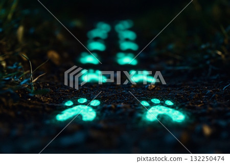 Cat explores glowing tracks in a mysterious forest at night revealing fantasy and intrigue Cat explores glowing tracks in a mysterious forest at night revealing fantasy and intrigue 132250474