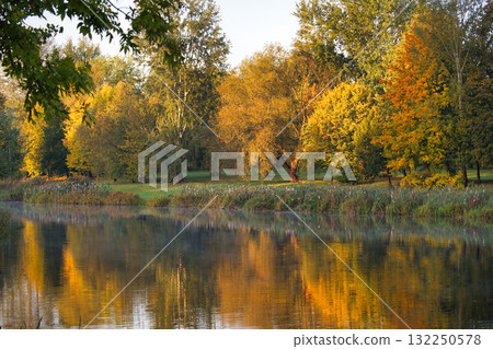 Autumn trees reflected in calm water on a sunny day Autumn trees reflected in calm water on a sunny day 132250578