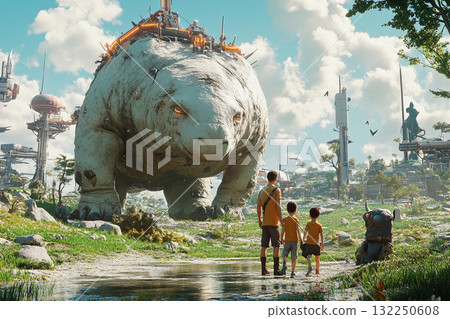 Family enjoys a peaceful moment with large genetically engineered animal in a vibrant landscape at sunset Family enjoys a peaceful moment with large genetically engineered animal in a vibrant landscape at sunset 132250608