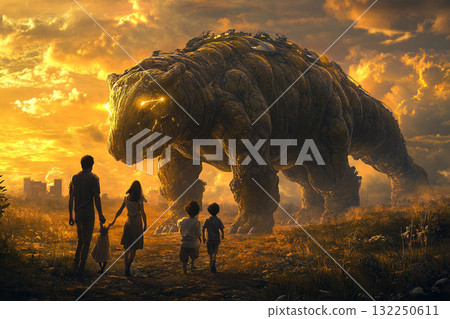 Family enjoys a peaceful moment with large genetically engineered animal in a vibrant landscape at sunset 132250611