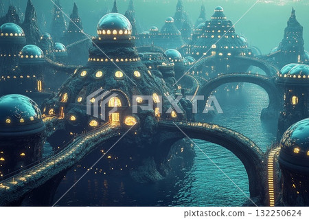 Symmetrical underwater city features bubble-like domes and illuminated pathways creating a serene aquatic environment 132250624
