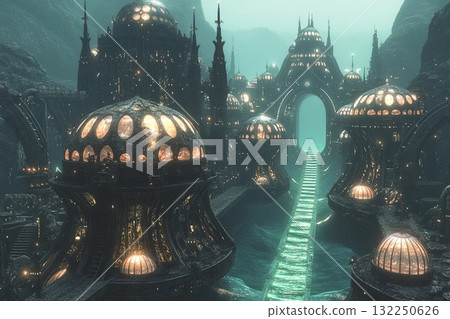 Symmetrical underwater city features bubble-like domes and illuminated pathways creating a serene aquatic environment Symmetrical underwater city features bubble-like domes and illuminated pathways creating a serene aquatic environment 132250626