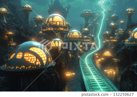 Symmetrical underwater city features bubble-like domes and illuminated pathways creating a serene aquatic environment 132250627