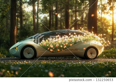 Unique seed pod car design featuring vibrant flowers during a sunny day in a lush landscape Unique seed pod car design featuring vibrant flowers during a sunny day in a lush landscape 132250653