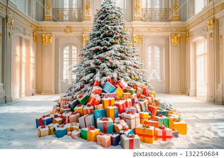 Snow-covered Christmas tree adorned with colorful decorations in a grand hall filled with festive gifts 132250684