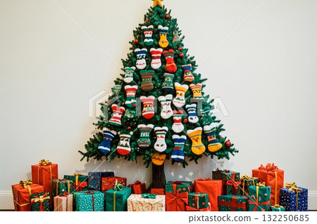 Christmas tree decorated entirely with colorful socks and surrounded by wrapped gifts Christmas tree decorated entirely with colorful socks and surrounded by wrapped gifts 132250685