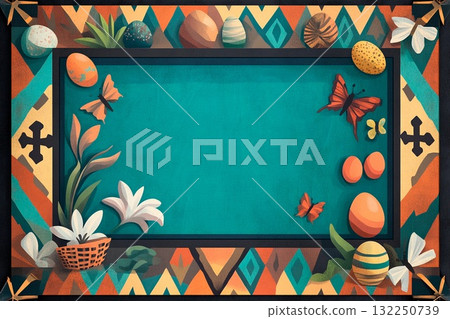 Colorful art deco rectangular frame featuring Easter elements and decorative motifs Colorful art deco rectangular frame featuring Easter elements and decorative motifs 132250739