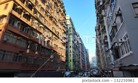 Urban Street Between Tall Apartment Blocks With Bright Facades 132250961