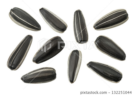 Sunflower seeds isolated on white background. Top view. Flat lay Sunflower seeds isolated on white background. Top view. Flat lay 132251044
