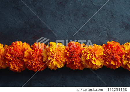 A bright garland of marigold flowers isolated on a dark concrete background. A bright garland of marigold flowers isolated on a dark concrete background. 132251168