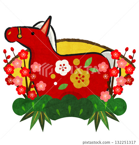 馬年新年圖示 09，扇子，紅馬，插圖，可愛 132251317