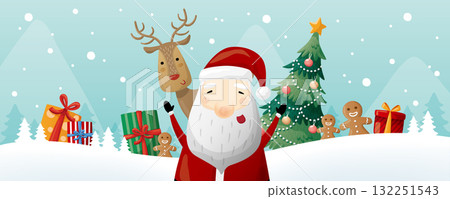Hand-drawn style cute Nativity old man, Nativity tree, snowman familiar deer cake cake person arrangement box Japanese snow and snow scene, Nativity background wide wide announcement sea news bulletin material piece 132251543