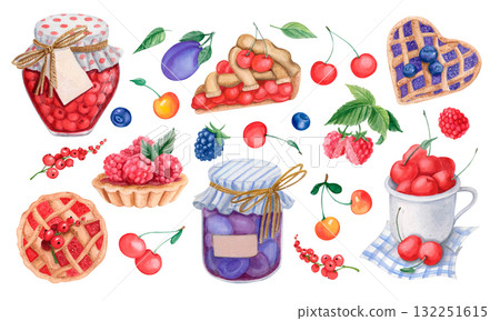 Watercolor berries and pies collection clipart Watercolor berries and pies collection clipart 132251615