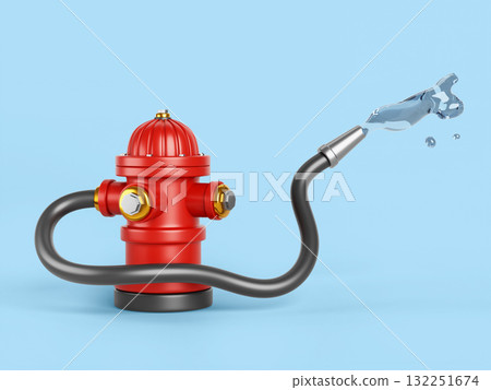 Fire hydrant 3d icon render. Red column with connected fire hose sprays water. City street firefighter equipment with liquid flow of drops and splashes isolated on blue background. 3D illustration 132251674