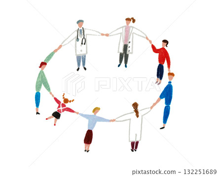 Hand-drawn illustration of a doctor and patient holding hands in a circle Hand-drawn illustration of a doctor and patient holding hands in a circle 132251689