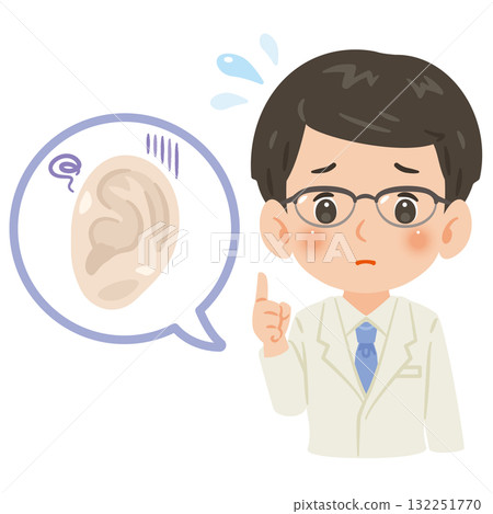 Unhealthy ear and a male doctor in a white coat, upper body illustration 132251770