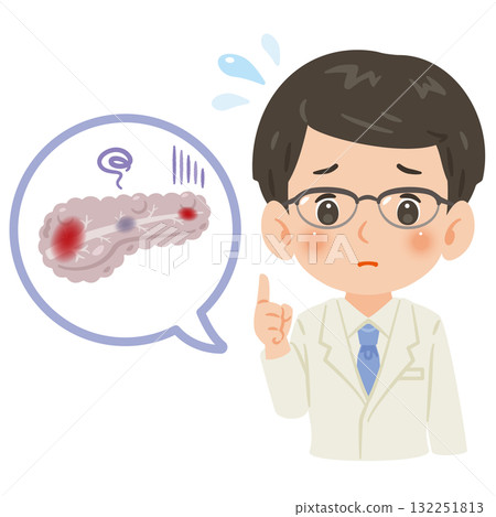 Unhealthy pancreas and a male doctor in a white coat, upper body illustration 132251813