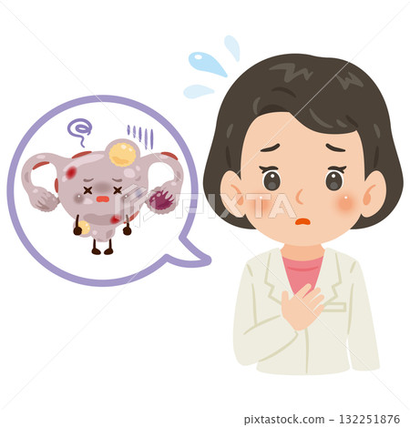 Unhealthy uterus character and female doctor in white coat upper body illustration 132251876