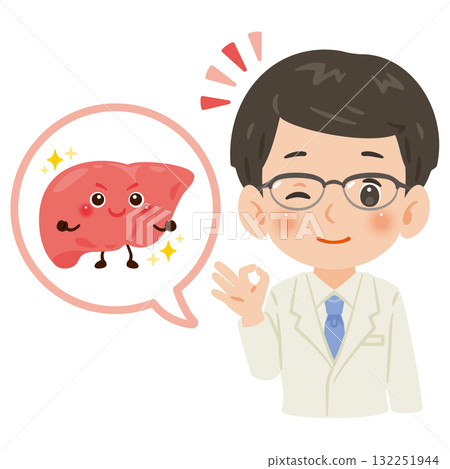 Healthy liver character and male doctor in white coat upper body illustration Healthy liver character and male doctor in white coat upper body illustration 132251944
