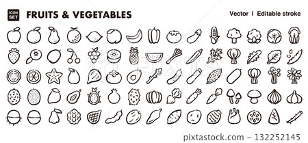 Hand-drawn icon illustration set of vegetables and fruits. Materials for food, ingredients, and agriculture. EPS version. Line thickness can be edited. Hand-drawn icon illustration set of vegetables and fruits. Materials for food, ingredients, and agriculture. EPS version. Line thickness can be edited. 132252145