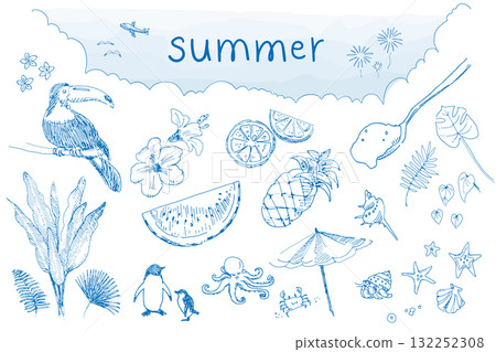 Summer motif line drawing set 132252308