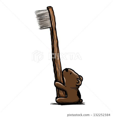 A toothbrush with a bear-like holder, pencil and watercolor illustration 132252384
