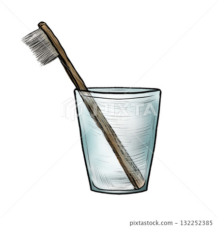 A glass cup containing a toothbrush isolated in pencil and watercolor illustration 132252385