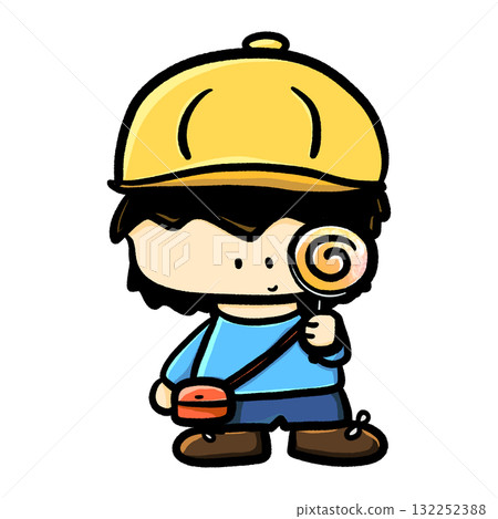 Little boy with cap holding lollipop isolated cartoon illustration 132252388