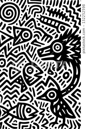 Abstract Tribal Doodle Pattern in Black and White - Hand Drawn Ethnic Design Abstract Tribal Doodle Pattern in Black and White - Hand Drawn Ethnic Design 132252598