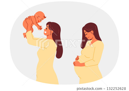 Pregnant woman gives birth to baby and rejoices in motherhood, posing before and after childbirth 132252628