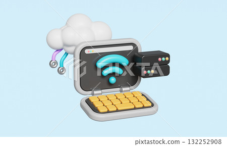 Wireless Data Cloud Server and Laptop. 3D Rendering. 132252908