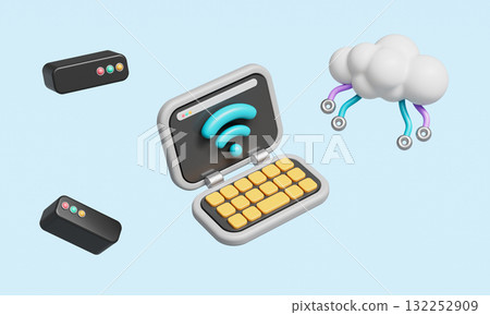 Wireless Data Cloud Server and Laptop. 3D Rendering. Wireless Data Cloud Server and Laptop. 3D Rendering. 132252909