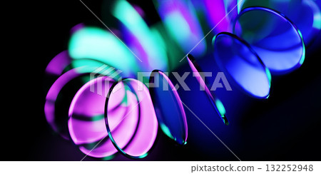 Neon glass circle discs - abstract ring shape on black 3d background. Luminous gradient lenses, crystal holographic round disks. Blurry radiant plates with circular motion effect. 3D illustration Neon glass circle discs - abstract ring shape on black 3d background. Luminous gradient lenses, crystal holographic round disks. Blurry radiant plates with circular motion effect. 3D illustration 132252948