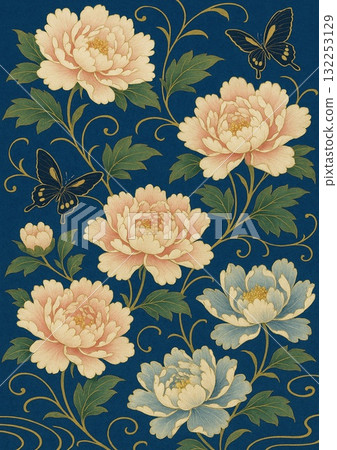Peony and butterfly background material 132253129