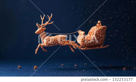 一隻馴鹿在夜空中奔跑的藝術風格聖誕插圖（深藍色背景） 132253177