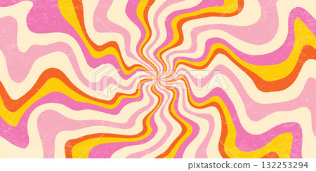 Retro swirl radial rays background. Spiral psychedelic summer bg with grunge texture for summer carnival and disco 70s poster. Sunburst trippy abstract vector backdrop. 132253294