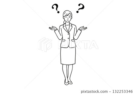 A businesswoman shrugging her shoulders and making a "I don't know" pose (full body, monochrome line drawing) A businesswoman shrugging her shoulders and making a "I don't know" pose (full body, monochrome line drawing) 132253346