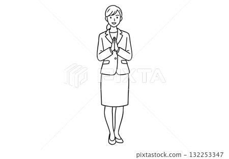 一位女商人鼓掌慶祝(全身,單色線條畫) 一位女商人鼓掌慶祝(全身,單色線條畫) 132253347