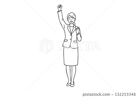 Businesswoman making a fist pump with one hand (full body, monochrome line drawing) Businesswoman making a fist pump with one hand (full body, monochrome line drawing) 132253348