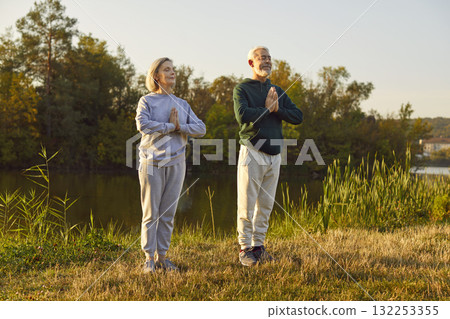 Senior people yoga outdoor, practice, group of old mature spouses working out in sports session Senior people yoga outdoor, practice, group of old mature spouses working out in sports session 132253355